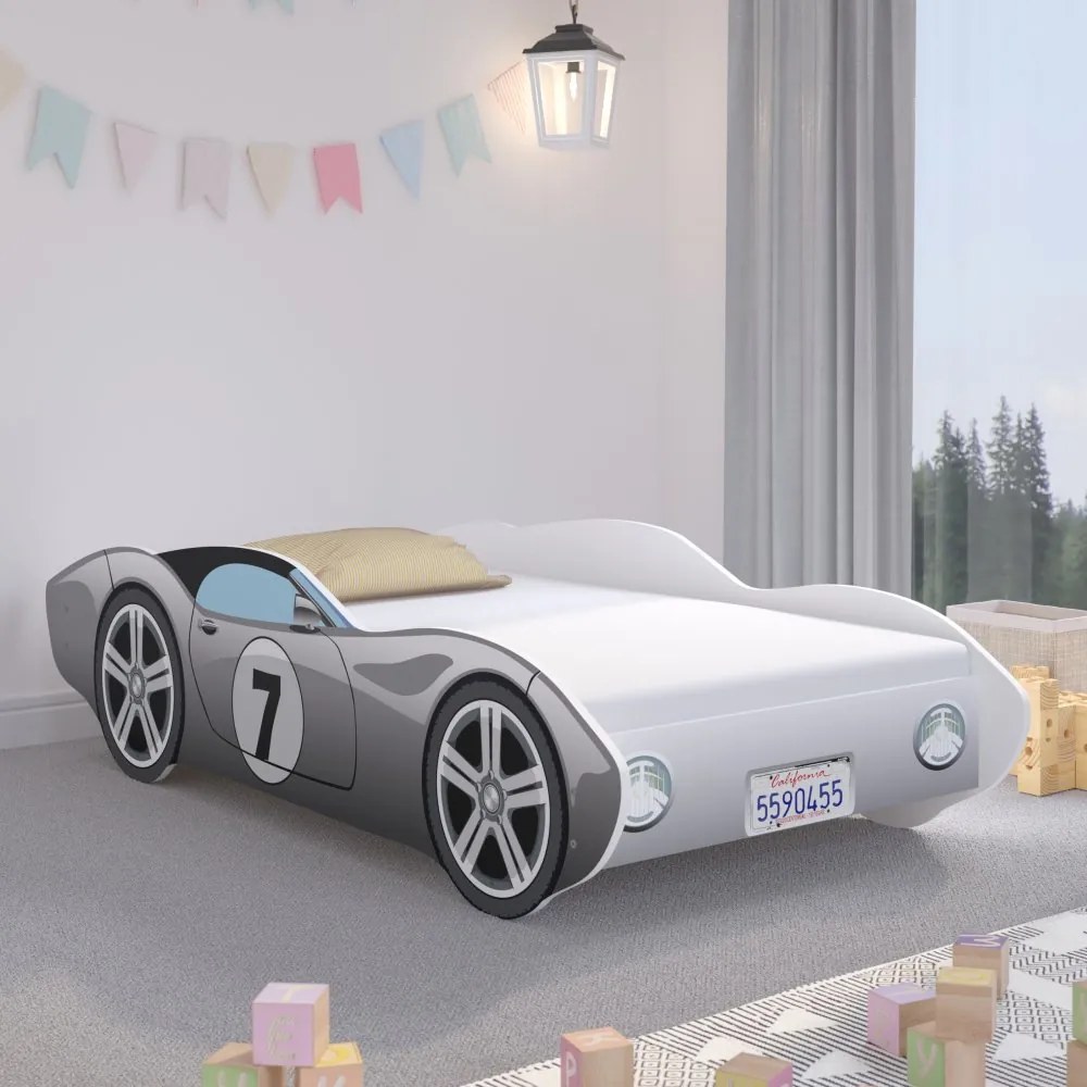 Pat pentru copii gri pentru un băiat 160 x 80 cm în formă de mașină de curse