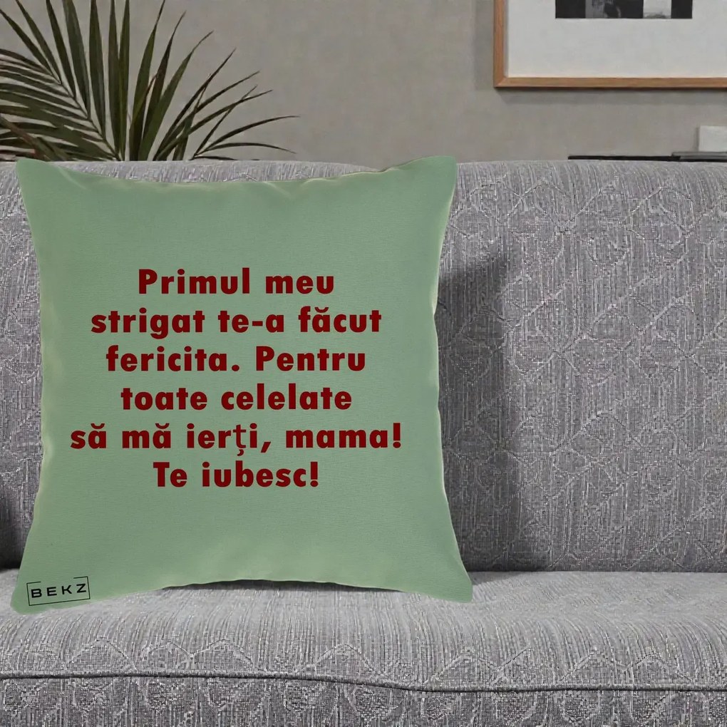 Cadou pentru Mama - Perna Personalizata Primul Strigat Mama, 40x40 cm, Verde, Husa Detasabila, Perna Inclusa, BEKZ®