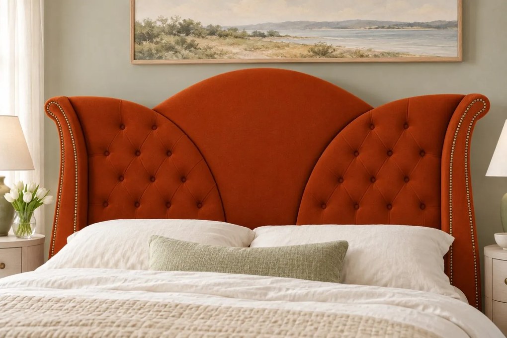 Pat tapițat Chesterfield din catifea Velora 180×200 cm, cărămiziu, cu ladă de depozitare