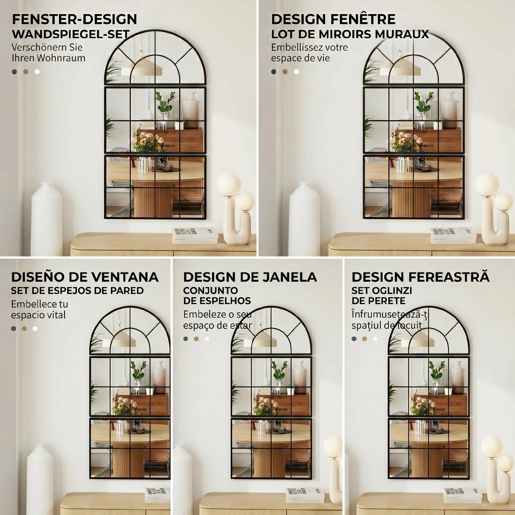 HOMCOM Oglindă de Perete Arcuită în Formă de Fereastră pentru Hol și Sufragerie cu 3 Agățători, 76x43 cm, Negru | Aosom Romania