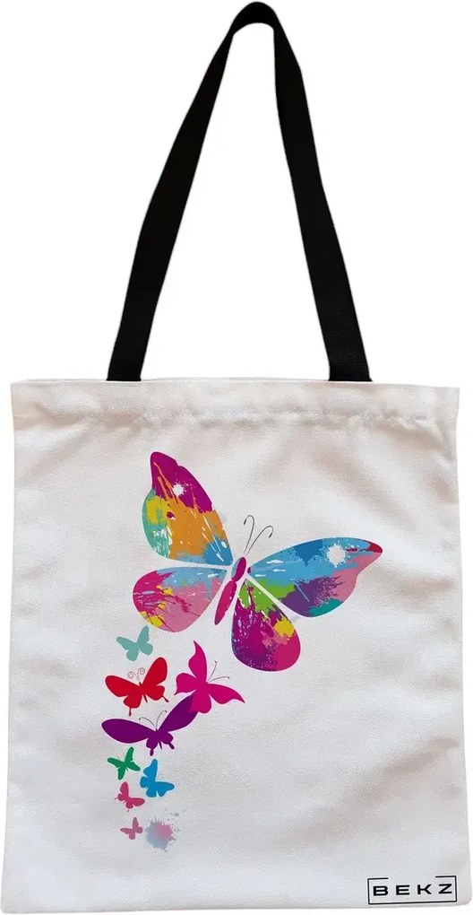 Sacosa de Panza pentru Cumparaturi, Geanta Tote, model Watercolor Butterfly, Cu fermoar, 38x34.5 cm, Alba, BEKZ®