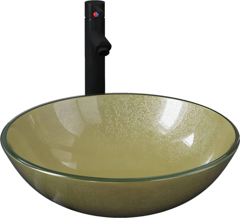 vidaXL Chiuvetă baie, robinet și scurgere tip push auriu sticlă călită