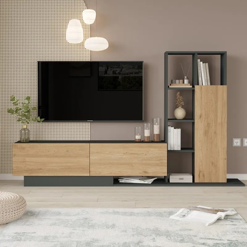 Set mobilier living Damon, Pako World, Natural-Antracit, 140x29x39 cm