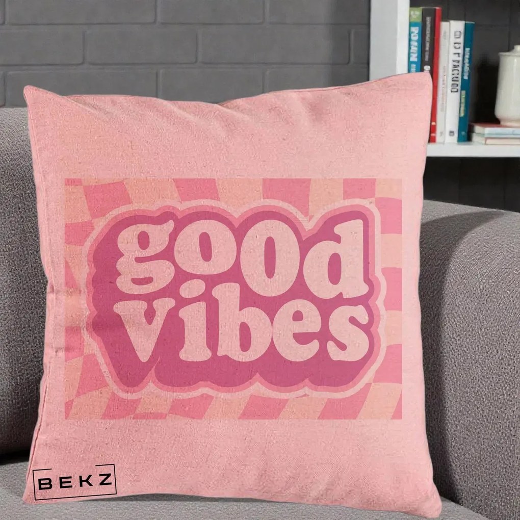 Perna Decorativa Good Vibes Retro Roz, 40x40 cm, Roz, Husa Detasabila, Perna Inclusa, BEKZ®
