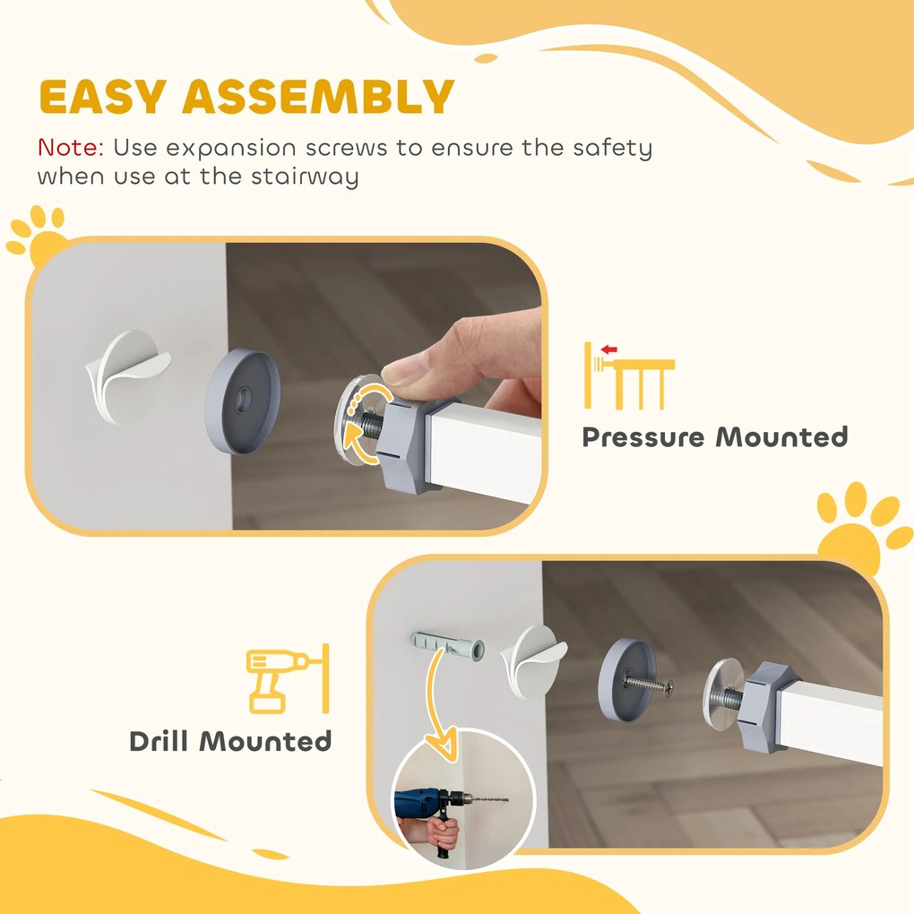 PawHut Poartă Reglabilă pentru Câini cu Ușă și Montare prin Presiune, Barieră cu Închidere Automată, 74-80x76.2 cm, Alb | Aosom Romania