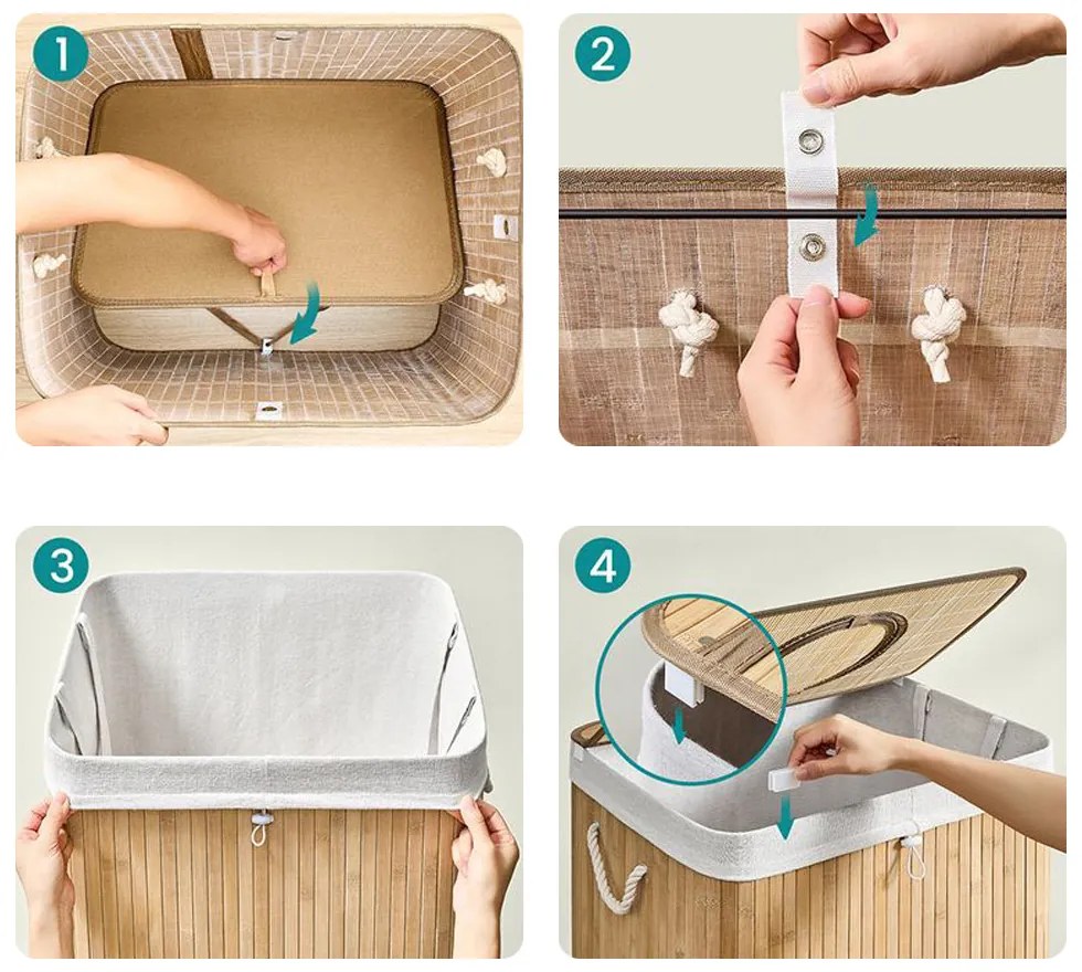 Coș de rufe din bambus cu plasă detașabilă