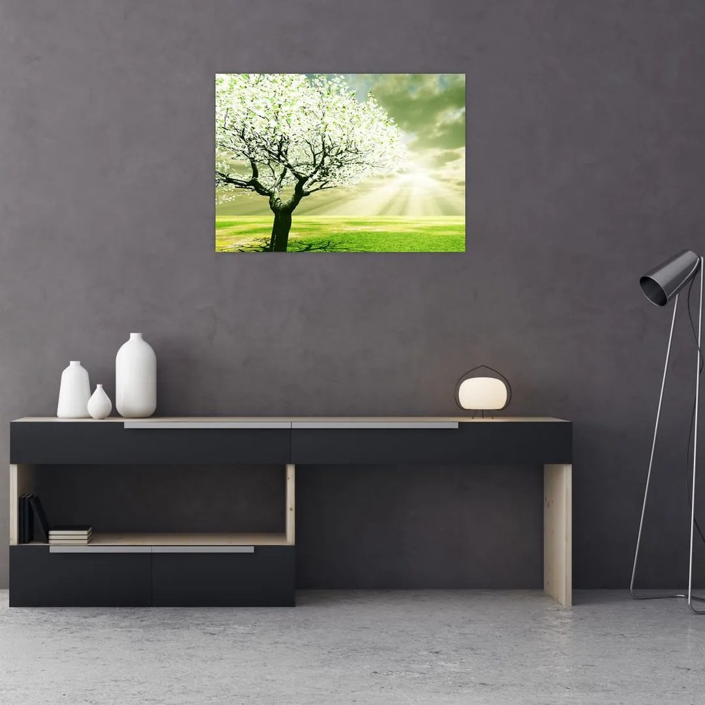 Tablou pe sticlă cu pomul înflorit (70x50 cm)