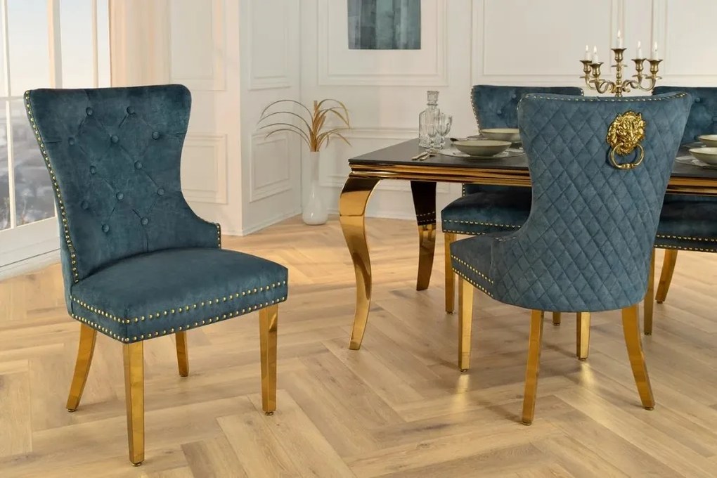 Set 2 scaune Stil Baroc, Catifea, Albastru Petrol, Metal, Auriu, Castle