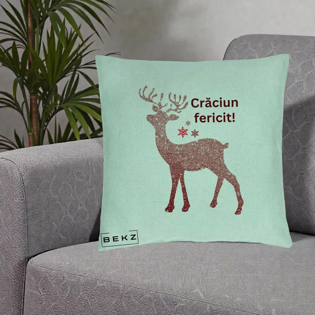 Perna Decorativa Ren Sclipitor Glitter Craciun Fericit, 40x40 cm, Verde Menta, Husa Detasabila, Perna Inclusa, BEKZ®
