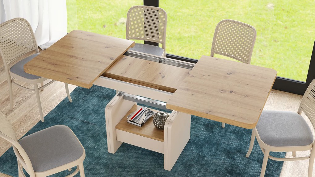 Mazzoni LEXUS Stejar Artisan/Bej (Șampanie) - MĂSUȚĂ DE CAFEA EXTENSIBILĂ MODERNĂ