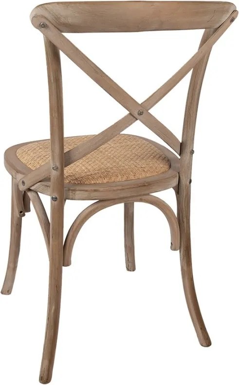 Scaun dining din lemn masiv și răchită, maro, cu spătar în X prins în șuruburi și șezut împletit, finisaj natur, 88 x 42 x 44 cm, „Odile”
