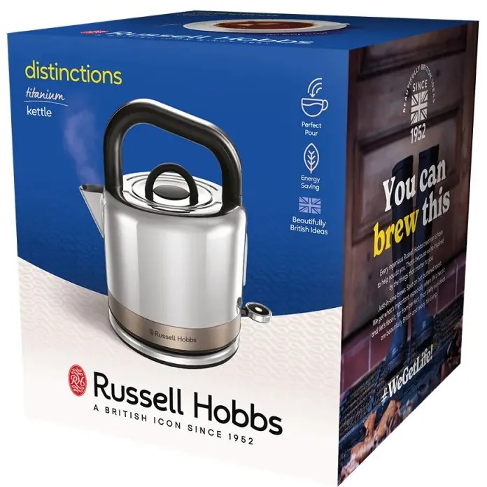 Cana electrica Russell Hobbs Distinctions Titanium 26422-70, 2400W, 1,5 l, Fierbere rapida, Filtru lavabil anti-calcar, Baza 360°, Protectie, Inox/Titaniu