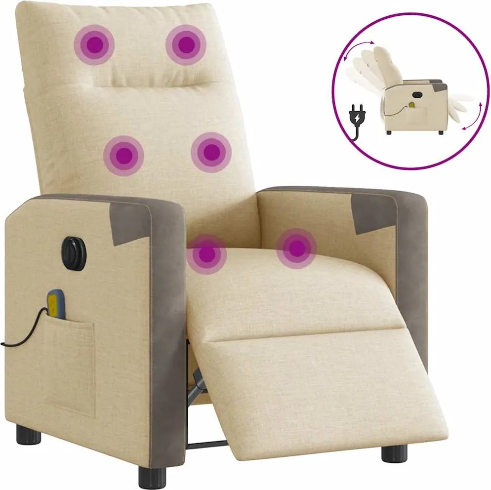 vidaXL Fotoliu electric de masaj rabatabil, crem, textil