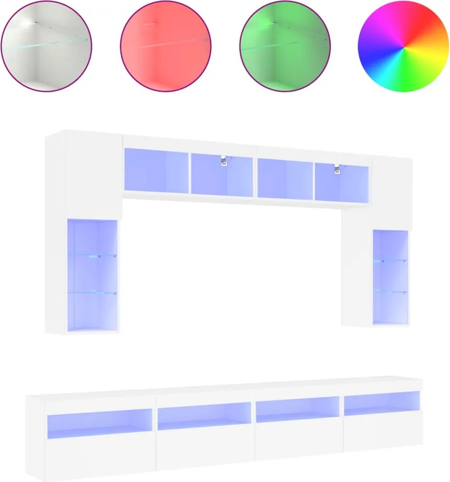 vidaXL Set comode TV de perete, 8 piese, cu lumini LED, alb
