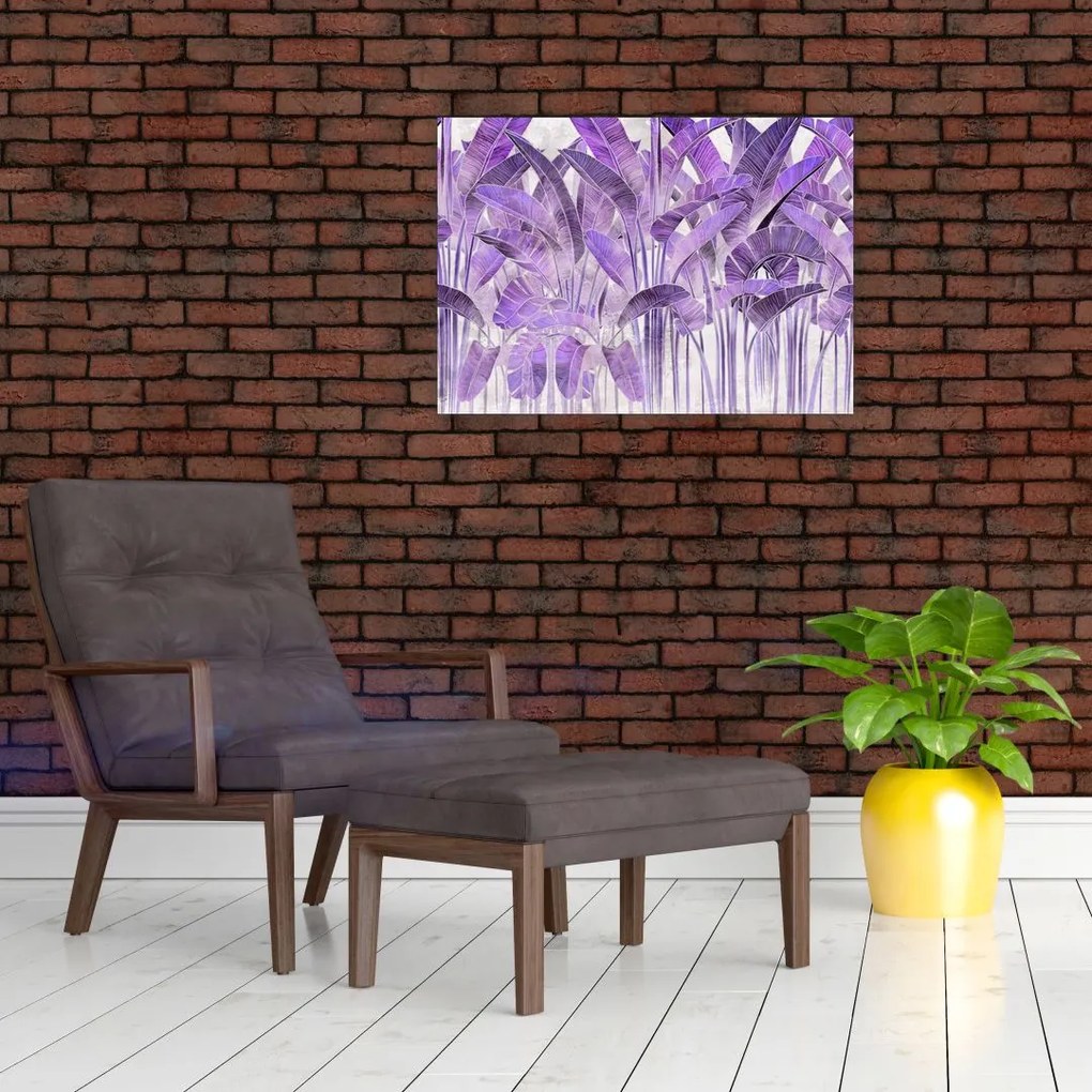 Tablou pe sticlă - Frunze violet în tencuială (70x50 cm)