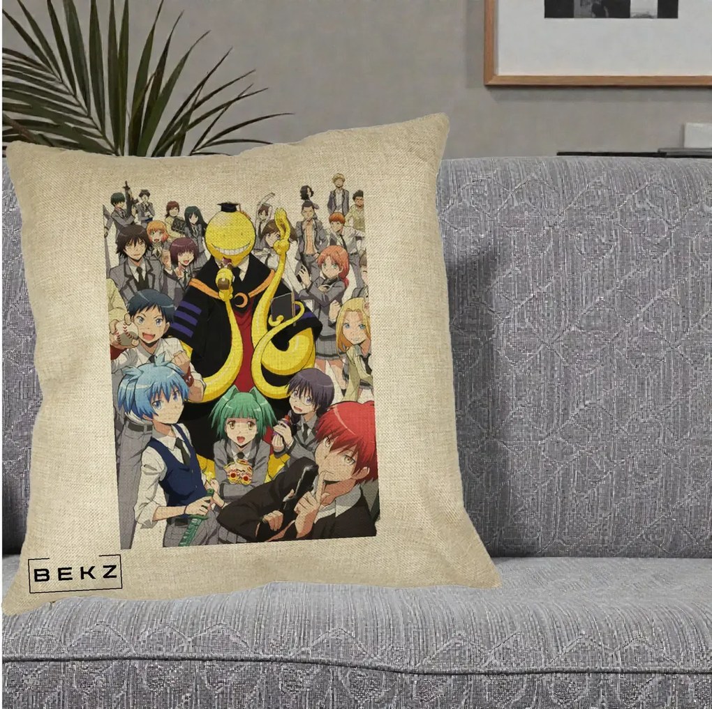 Perna Personalizata Assassination Classroom Grup Complet Anime, 40x40 cm, Crem, Husa Detasabila, Perna Inclusa, BEKZ®