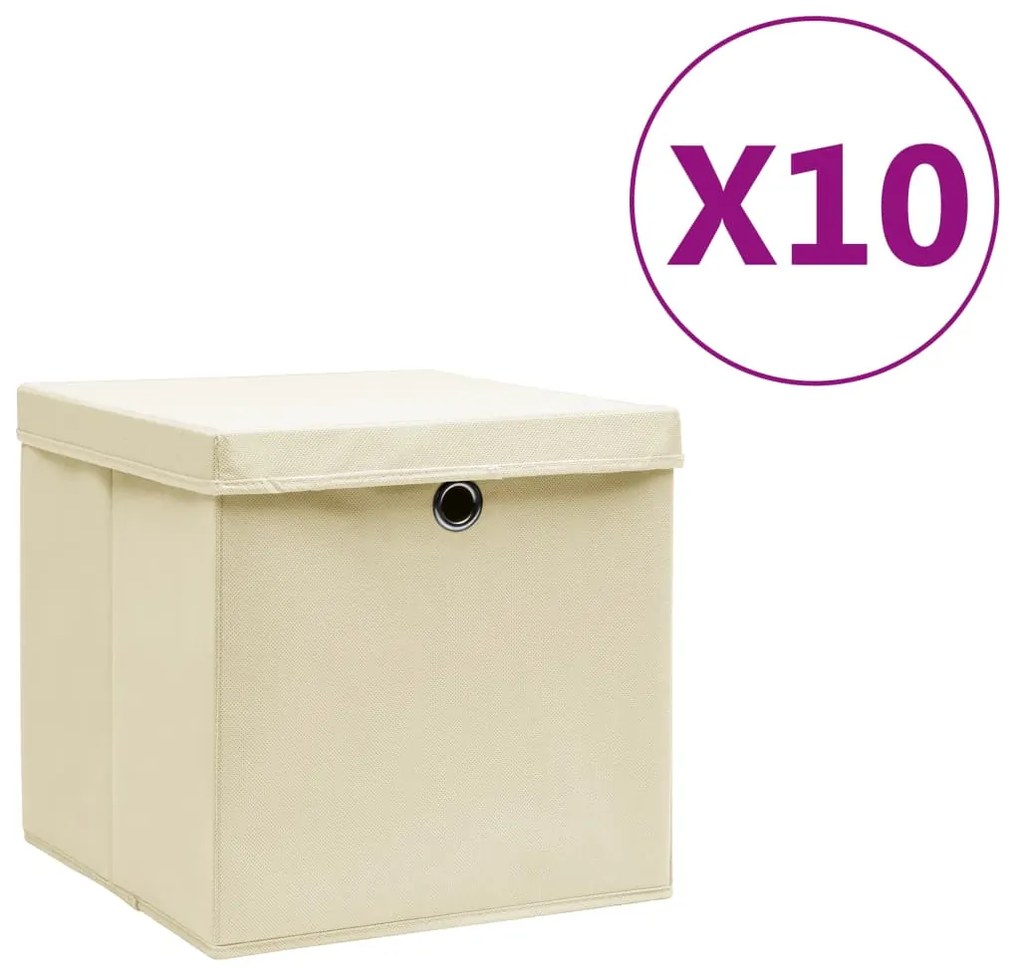vidaXL Cutii depozitare cu capace, 10 buc., crem, 28x28x28 cm