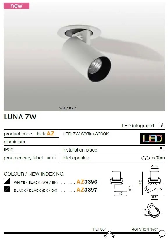 Spot LED directionabil, incastrabil tavan/plafon Luna 7W alb/negru ZZ AZ3396