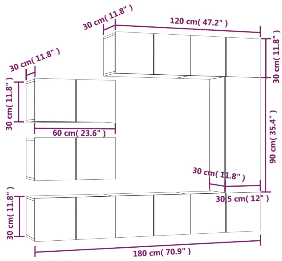 Set dulap TV, 8 piese, stejar fumuriu, lemn prelucrat 8, Stejar afumat, 60 x 30 x 30 cm