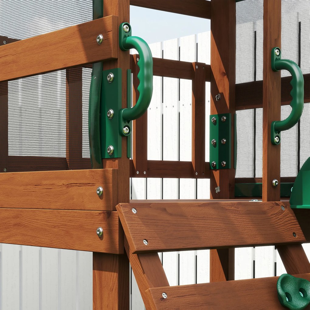 AIYAPLAY Turn de joacă Cadru de cățărat Lemn Cadru de leagăn cu tobogan 2 leagăne Perete de cățărat pentru 3-8 ani 315x284x233 cm Verde | Aosom Romania