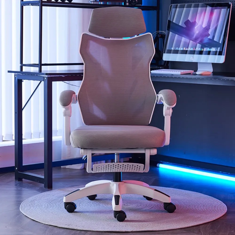 Scaun ergonomic, Mesh, tetiera reglabila, suport picioare, Alb/Gri