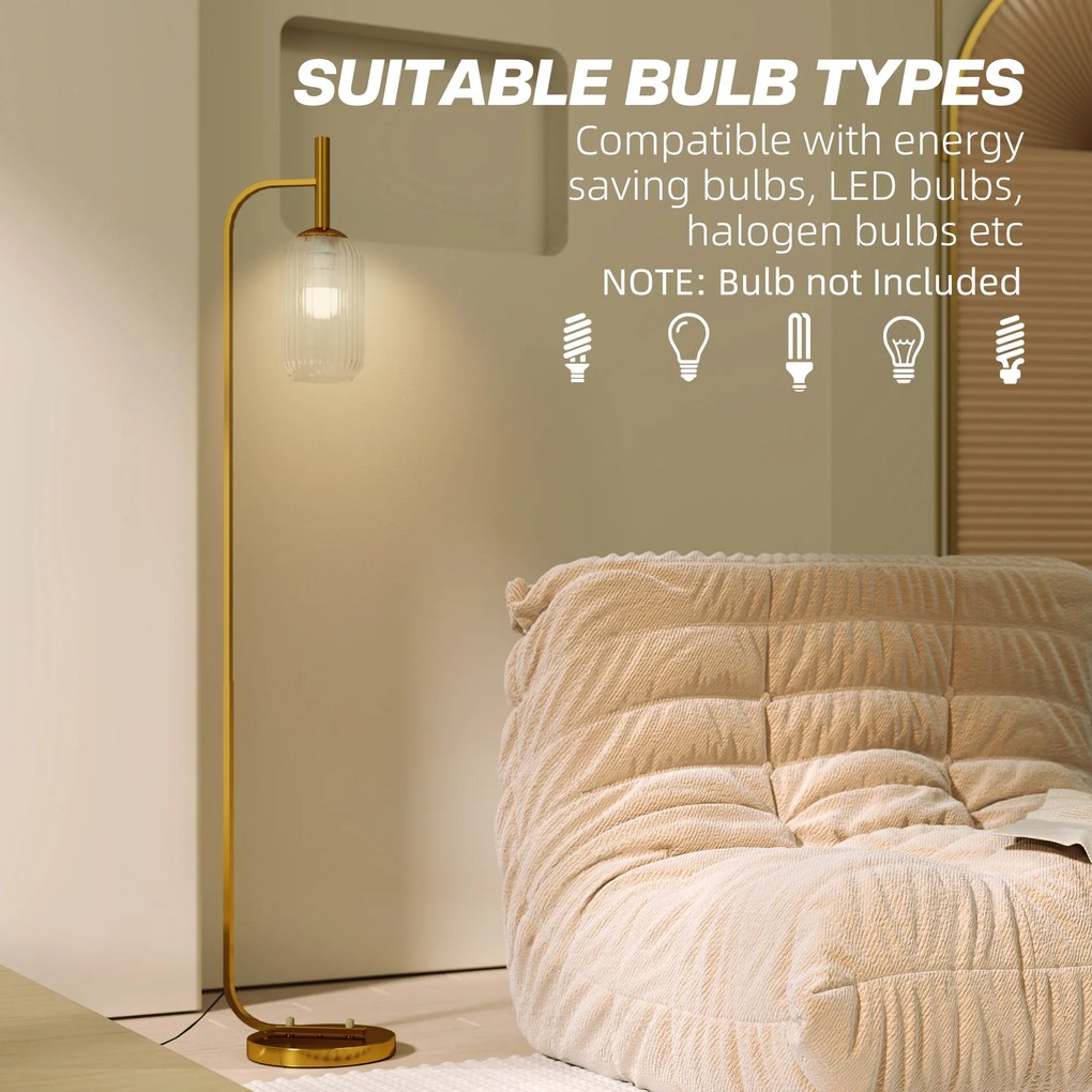 HOMCOM Lampă de Podea Modernă cu Luminozitate Reglabilă, Abajur din Sticlă și Întrerupător de Picior, 29x25x153 cm, Auriu | Aosom Romania