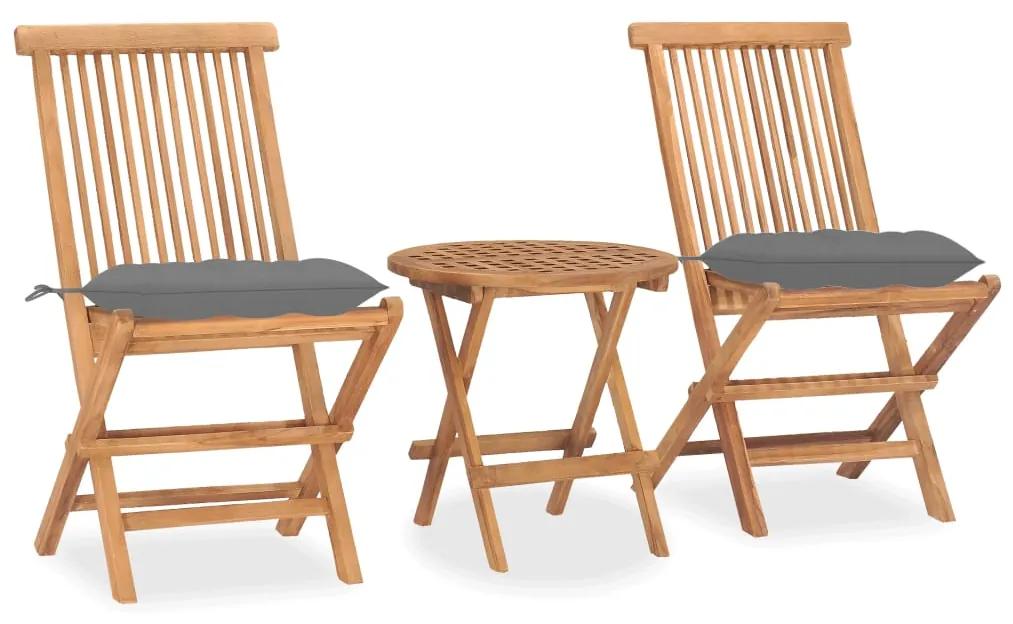 Set mobilier pliabil exterior cu perne 3 piese, lemn masiv tec Gri, 3