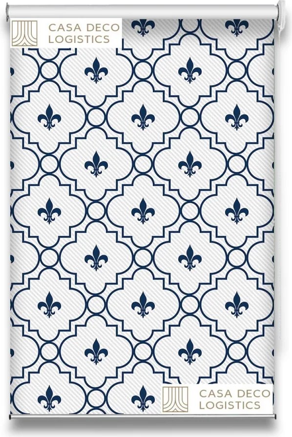 Roletă textilă Royal 5006 alb-albastru cu model fleur-de-lis