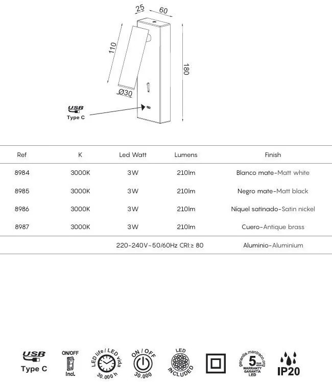 Aplica de perete, Mufa USB, LED, Tarifa III alama antic MA-8987
