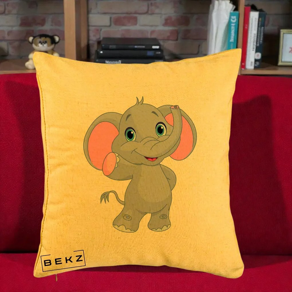 Perna Decorativa Pui de Elefant Kawaii, 40x40 cm, Galben, Husa Detasabila, Perna Inclusa, BEKZ®