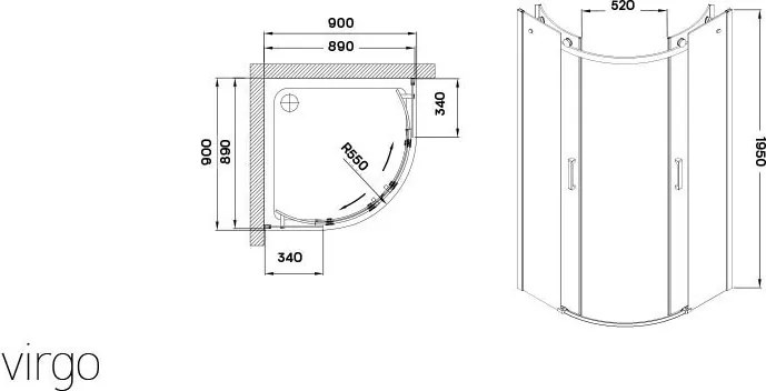 Cabină de duș Virgo curbată, cu rolă, cu înveliș Easy Clean, fără cădiță de duș