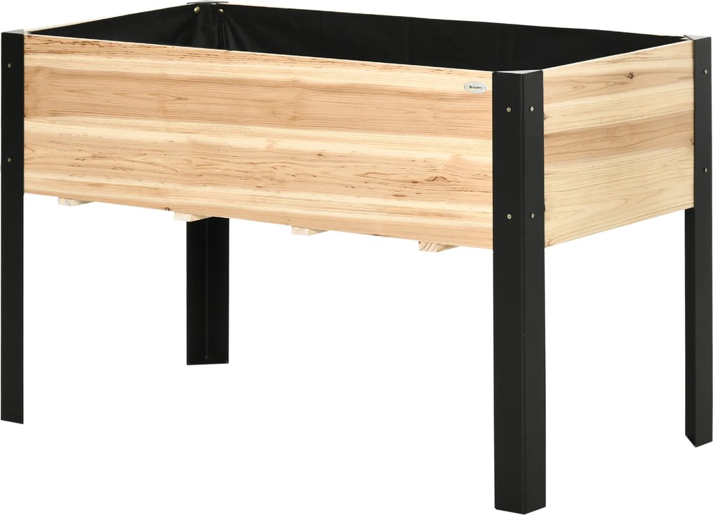 Outsunny Pat înalt de grădină, cutie pentru flori, ghiveci, pat pentru plante aromatice cu material nețesut, lemn masiv, oțel, Lemn natural+Negru 120 x 60 x 74 cm | Aosom Romania