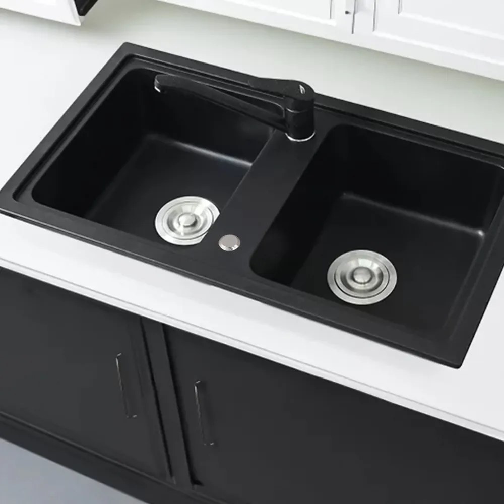 Chiuvetă pătrată Tia cu două cuve din granit, neagră