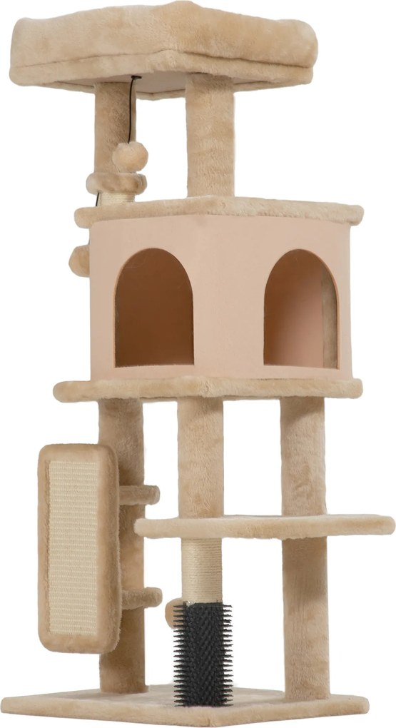 PawHut Arborele pentru pisici înălțime 104cm cu căsuță, pat, stâlp de zgâriat și perie Bej | Aosom Romania