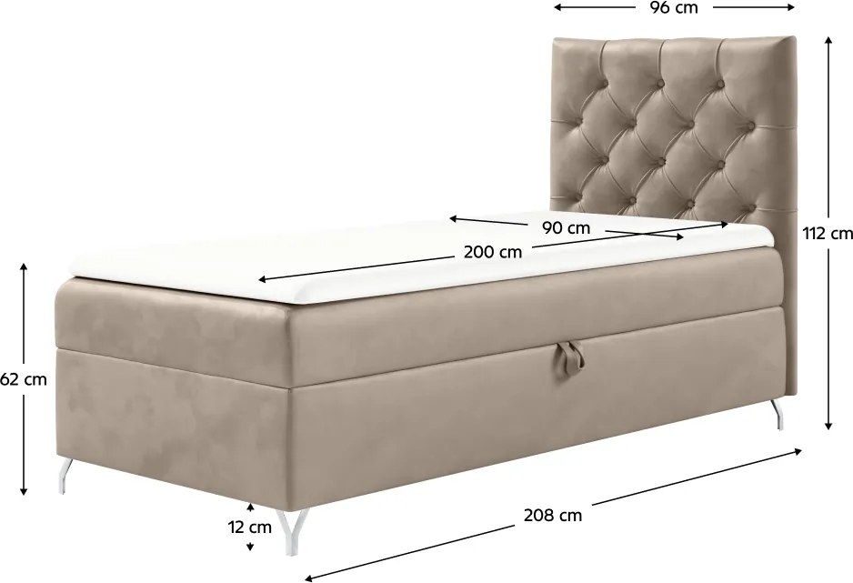 Pat cu boxspring, 90x200, ţesătură bej Velvet, pe dreapta, GULIETTE + cadou