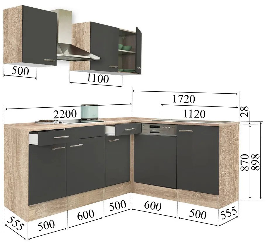 Mobilă de bucătărie de colț Yorki 220, corp din stejar sonoma, cu față antracit satinat