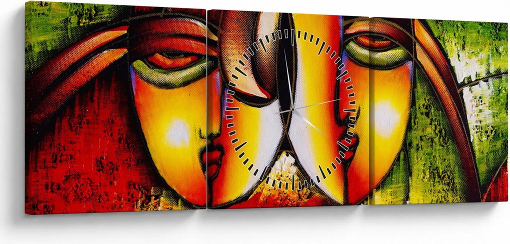 Tablou - Pictură în ulei, chipuri abstracte (cu ceas) (90x30 cm)