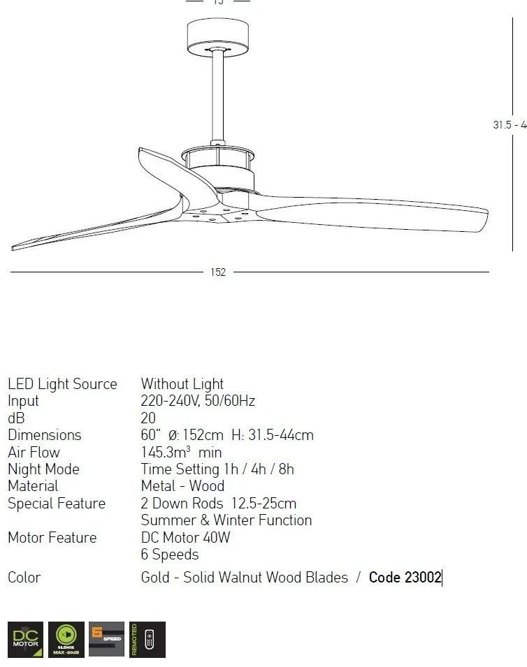 Ventilator de tavan cu telecomanda Gioia auriu/lemn nuc