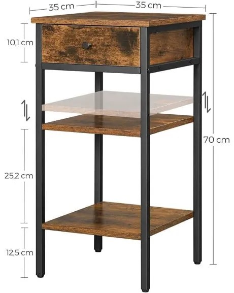 Masuta Inalta Cu Sertar Si 2 Rafturi De Depozitare, Maro Rustic Si Negru, 35 Cm