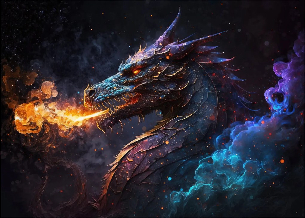 Tablou pe sticlă - Dragon scuipând flăcări (70x50 cm)