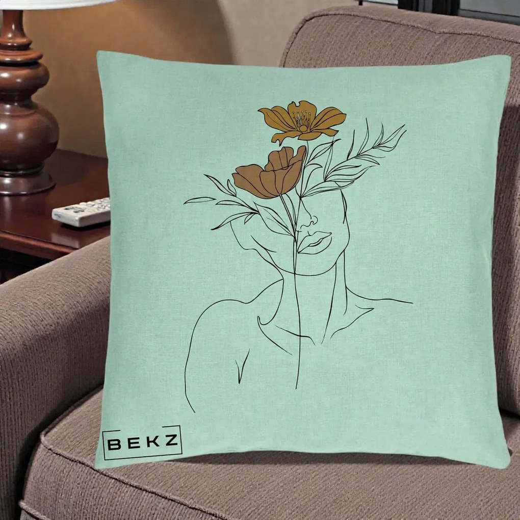 Perna Decorativa Portret Feminin Doua Flori, 40x40 cm, Verde Menta, Husa Detasabila, Perna Inclusa, BEKZ®