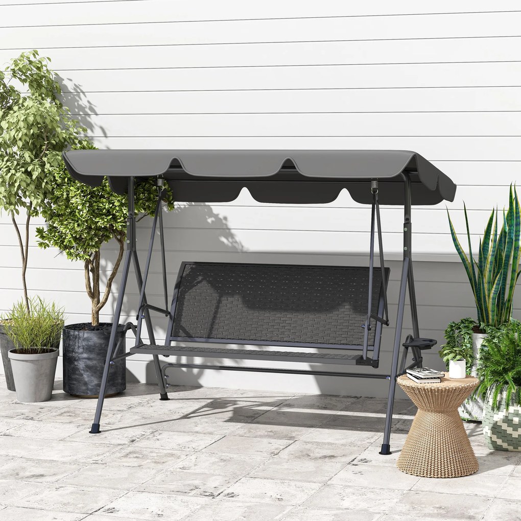 Outsunny Leagăn de Grădină 3 Locuri din Ratan PE cu Acoperiș Reglabil și Suporturi pentru Pahare, Leagăn de Exterior cu Cadru din Oțel, Capacitate 320 kg, 204x112x150 cm, Gri | Aosom Romania