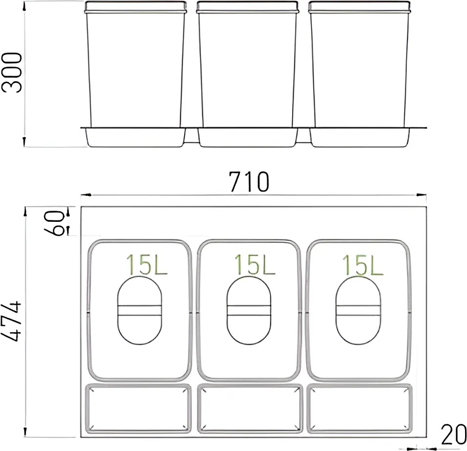 Coș gunoi încorporabil în sertar, Ecomax Praktico 800, colectare selectivă, gri, 3 x 15 l Plastic, L:710 mm; A:475 mm; H:300 mm, 800 mm, Gri