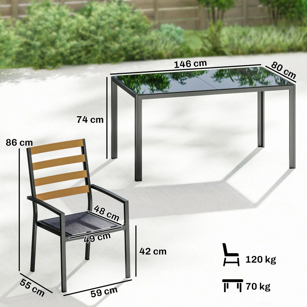 Outsunny Set Masă și Scaune de Grădină 7 Piese, Set pentru Prânz în Aer Liber cu Masă Dreptunghiulară din Sticlă Securizată, 6 Scaune, Perne, Cadru din Oțel Zincat pentru Terasă Balcon, Negru | Aosom Romania