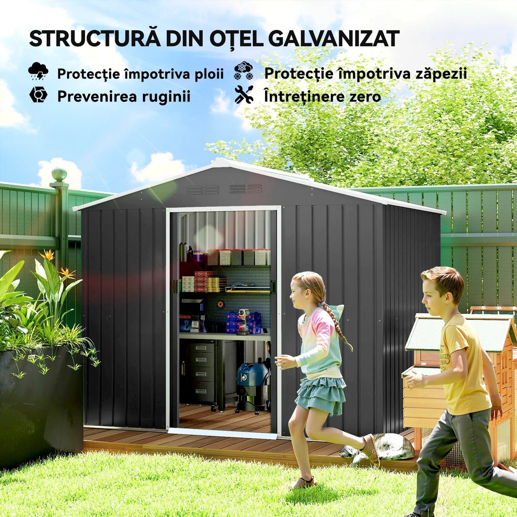 Outsunny Căsuță de Grădină 3.6m² din Oțel Zincat cu Grile de Ventilație, Căsuță de Grădină cu Uși Glisante Duble Blocabile, Acoperiș Înclinat, Căsuță pentru Unelte cu Mănuși, Gri Închis | Aosom Romania