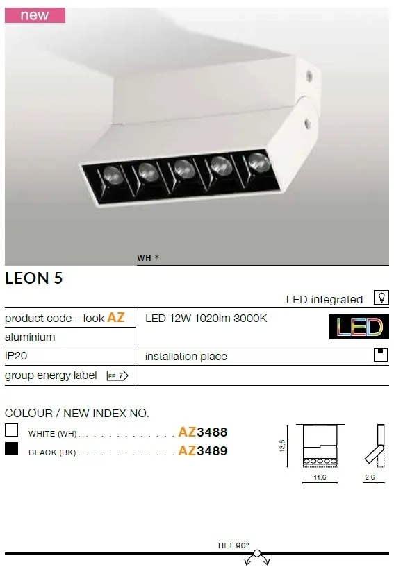 Spot LED aplicat directionabil de tavan/plafon LEON 5 alb ZZ AZ3488