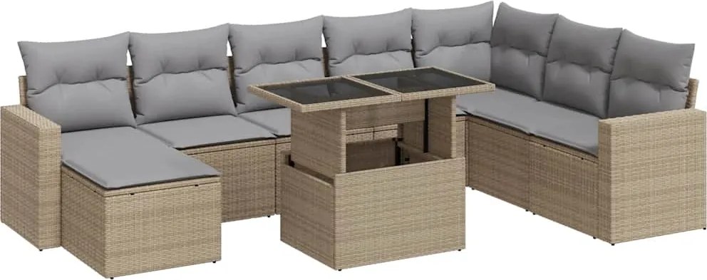 vidaXL Set canapele de grădină, 9 piese, cu perne, bej, poliratan