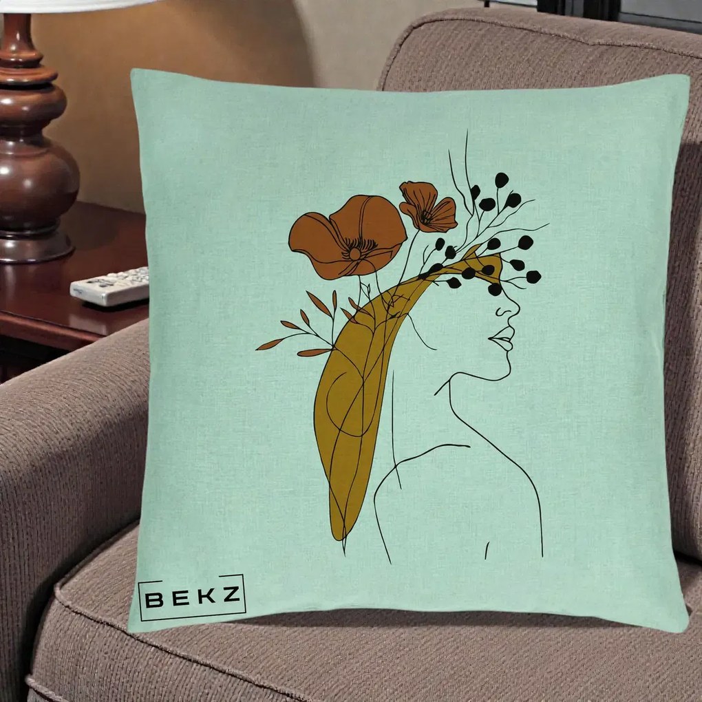 Perna Decorativa Portret Feminin Maci Rosii Auriu, 40x40 cm, Verde Menta, Husa Detasabila, Perna Inclusa, BEKZ®
