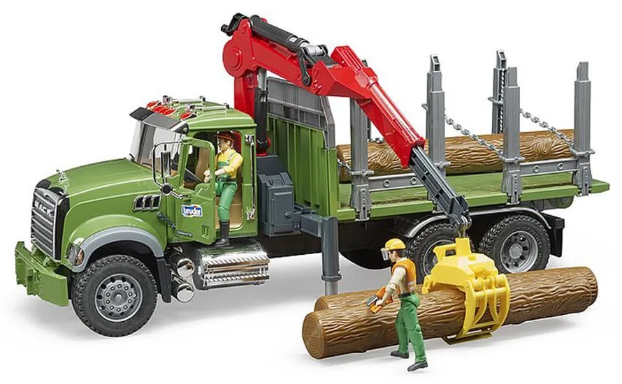 Camion Lemne Mack Granite Cu Macara De Incarcare, Graifer Si 3 Busteni, Bruder