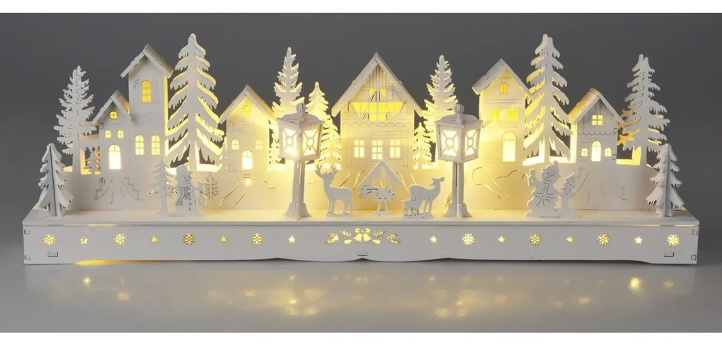 Decorațiune sat luminos de Crăciun, 15 LED-uri, 45 x 5,8 x 15 cm, albă, lemn